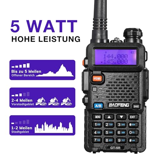 BAOFENG GT-5R Walkie Talkie, Dual Band Funkgerät für UHF VHF 144-146/430-440MHz, mit Speicher für 128 Kanäle, 1800 mAh Akku, Programmierkabel, Kopfhörer für Erwachsene, Wird von Chirp unterstützt – Bild 4