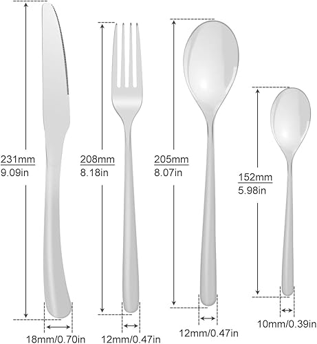 Miniatura 5 de OriGlam Juego de cubiertos de acero inoxidable, juego de cubiertos de cubiertos, vajilla para fiesta en el hogar, apto para lavavajillas (plateado)