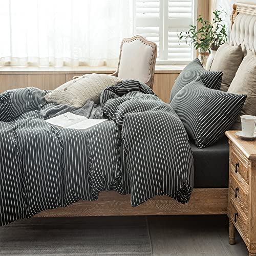 Pure Era Jersey Knit Duvet Cover Set 100% T-Shirt Heather Cotton Super Soft Comfy Classic Striped Design, With Zipper Closure, Black & White Pinstripe, Queen #TOP1