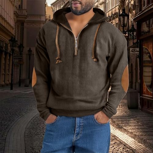 Mens Quarter Zip Hoodies Casual Corduroy Pullover Sweatshirt Western Cowboy Long Sleeve Hooded Tops with Elbow Patches3