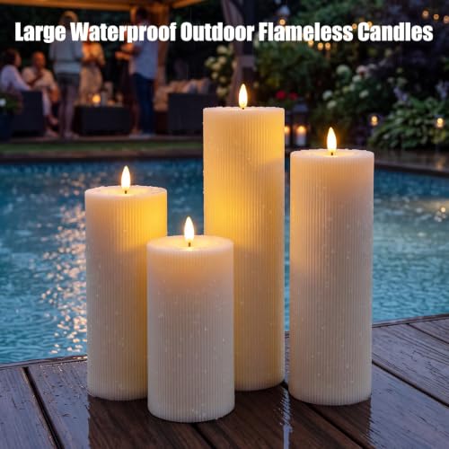 Image of Rossesay 8 inch 10 inch 12 inch 14 inch X 4 inch Large Waterproof Outdoor Flameless Candle, 4 Pcs LED Pillar Candle with Remote and Timer Battery Operated Jumbo Flickering for Halloween Xmas Church(Ivory White, Retro)