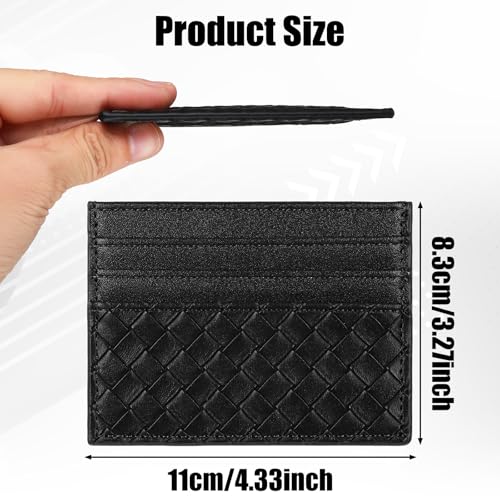Minimalist Wallet 6 Card Slots Leather Card Holder Hand-Woven Credit Card Wallet Italian Card Case for Men and Women(Black)2
