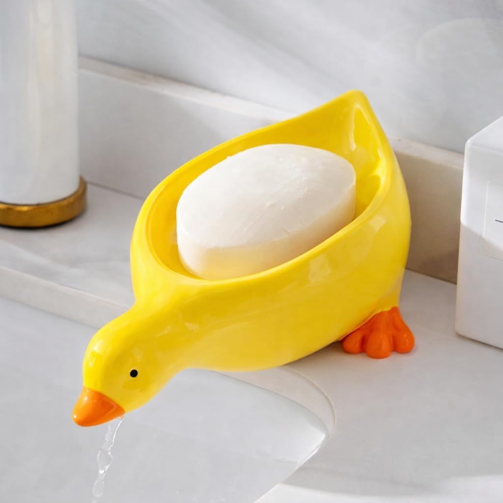 Duck Shape Soap Holder with Drain Spout, Plastic Soap Dish for Sink Edge or Countertop (Soap Holder_Yellow)-image-9