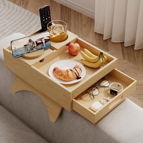 Sofa Arm Tray - Adjustable Couch Armrest Table with Cup Holders, 360° Rotating Tablet Holder, Anti-Slip Base & Storage Drawer - Fits 4