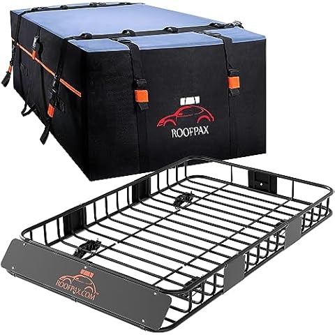 RoofPax Bundle of 23 cft. Extra Waterproof Rooftop Cargo Carrier Bag & Universal Car Roof Rack Basket - Spacious Cargo Carrier for Car Camping, Road Trips, and Outdoor Adventures Cover