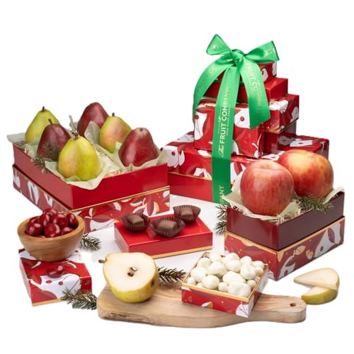 The Fruit Company Holiday Gift Tower, Filled with Fresh Fruits and Gourmet Treats, Gift for Christmas, New Year, Anniversaries, Birthdays, and More