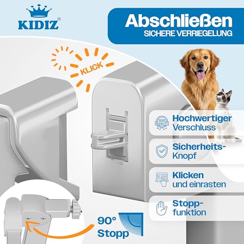 KIDIZ Treppenschutzgitter ohne Bohren | Verstellbare Breite: 74-80 cm, 75 cm hoch, Türschutzgitter und Absperrgitter für Kinder und Hunde, Beidseitige Einhand Öffnung, 90° Open-Stop System, Grau