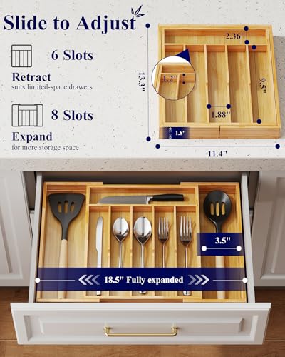 image for Kitsure Large Thickened Silverware Organizer - Expandable Bamboo Kitch