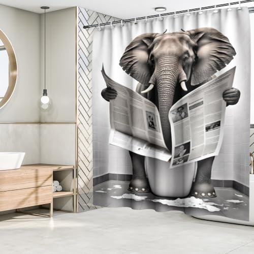 Fchen art Duschvorhang mit niedlichem Tiermotiv, Elefant, wildes Tier, das auf der Toilette sitzt, Zeitungen, Badezimmer-Vorhang-Set, schnell trocknender Stoff, Duschvorhang mit 12 Haken, 180 x 180 cm
