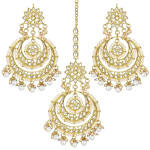 Peora Traditional Jewellery Rhodium Kundan & Pearl Maang Tikka Earring Set for Women Girls