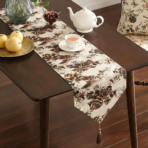 Image of Kuber Industries 68x16 Inch Jute Table Runner for Party, Wedding and Family Dinners | Reusable Centre and Dining Table Runner | Flower Print - Brown