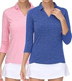TrendiMax Womens 2 Pack 3/4 Sleeve Golf Polo Shirts V Neck Collared Moisture Wicking Sports Workout