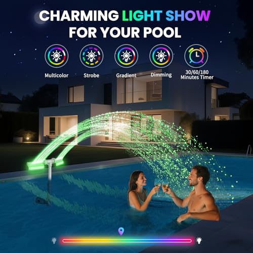 Swimming-Pool Waterfall Fountain w/Colorful Led-Lights - 7 Color Changing Above/Inground Pool Fountain Lights with Remote, Water Sprinkler Adjustable Height Pool Sprayer for Outdoor Yard Decoration