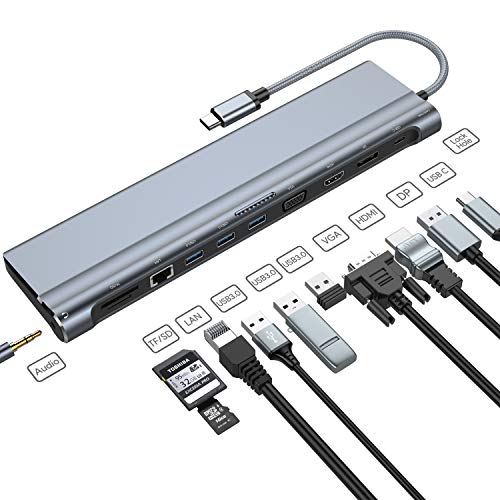 Universal USB C Docking Station for Windows, Dual Monitor Docking Station HDMI, Display Port and VGA with 87W Charging, 3 USB 3.0, Gigabit Ethernet, Mic, SD and Micro SD for Type C Laptop