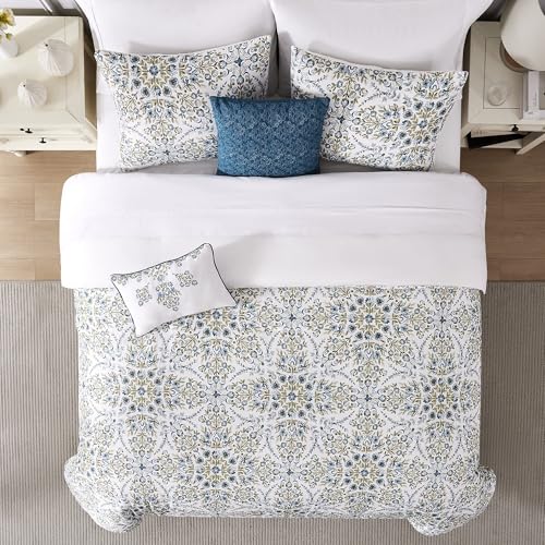 Image of Modern Threads 5-Piece Printed Comforter Set, Matisse King in White Gold - Soft Comforter, 2 Pillow Shams, and 2 Decorative Pillows
