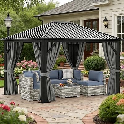 YITAHOME 10X12FT Single Hardtop Metal Gazebo Top Outdoor Patio Canopy Galvanized Iron Aluminum Column Garden Tent Curtains Netting for Backyards Decks Lawns,Gray