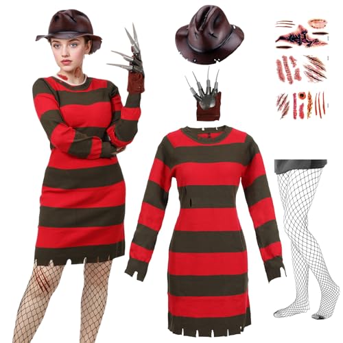 AENEY 7-teiliges Freddy-Kostüm für Damen Pullover Killerkleid gestreifter Pullover mit Hut Handschuhen Tattoo-Aufklebern Halloween Cosplay (X-Large)