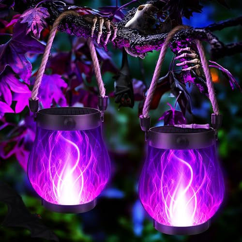 Jyoiat Halloween Solar Flame Lantern Hanging Outdoor Waterproof Purple - 2 Pack Flame Lanterns with Dual Charging Modes of Solar & USB for Garden or Yard Halloween Decorations (Purple - 2 Pack)