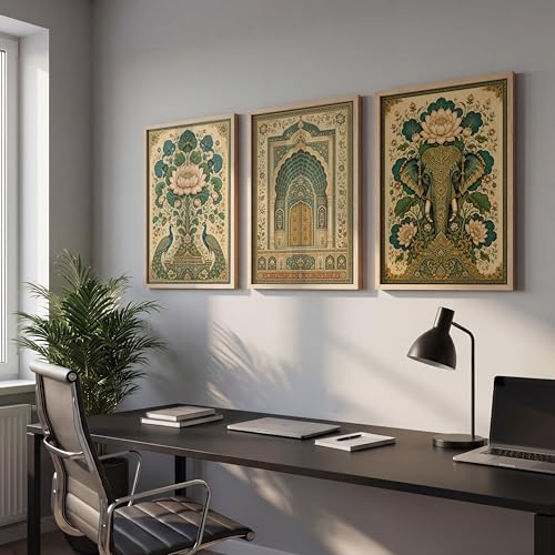 Image of NoWorries Elephant Peacock Wall Art Set of 3 Framed Prints | Indian Traditional Lotus Floral Painting, Royal Palace Arch Poster, Vintage Rajasthani Ethnic Wall Decor for Living Room Bedroom Home (Synthetic Engineered Wooden Frame) (MIN -5, 10x13 inches)