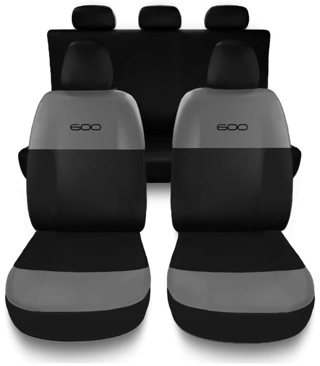 Susy Shop Set Coprisedili Compatibili Per Nuova 600, Design Sportivo,Set Fodere Auto Completo Anteriore e Posteriore Con Logo Ricamato MADE IN ITALY (Grigio/Nero, Con Logo)