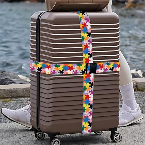 Image of 2 Pack Luggage Straps for Suitcases, Adjustable Travel Belt with Buckle, 2 inch Wide Heavy Duty Suitcase Straps for Summer Vacation, Colorful Puzzle Pattern, Travel Essentials, Multi-Color