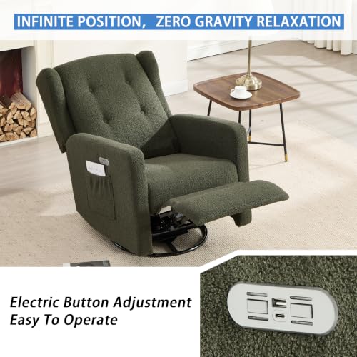 Image of Ketaiyou Power Swivel Rocking Recliner Chair, Electric Rocker Nursery Glider Chair, USB and Type-C Ports, Upholstered Teddy Fabric Reclining Single Sofa Chair for Living Room (Green)