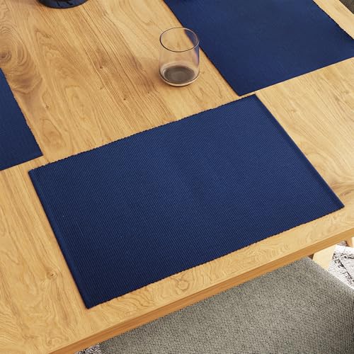 Encasa XO Platzsets Esstisch Set von 6 | Solide dunkelblau | Fein gerippte Baumwoll-Tischunterlage | Größe 48x32 cm | Maschinenwaschbar