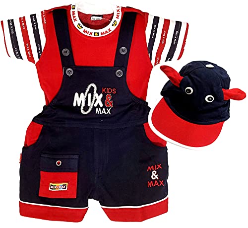 little PANDA Baby Boy’s Cotton Clothing Set Of Embroidered Dungaree, T-Shirt & Cap