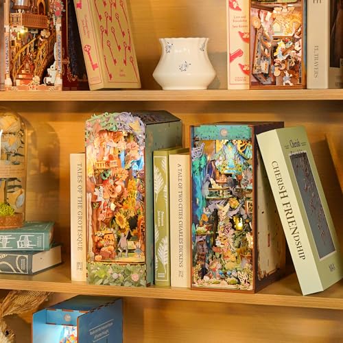 Image of Tonecheer DIY Book Nook Kit, Dorothy's Journey 3D Puzzle Wooden Fairy Tales Miniature House Kit for Adults, Booknook Set Dollhouse Bookshelf Decor Bookend with Dust Cover and LEDs Ideal Gifts
