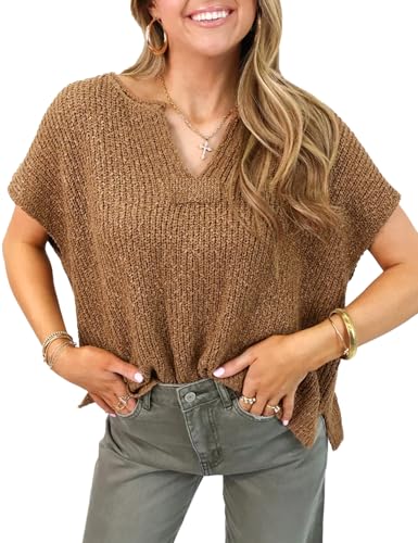 Womens Cap Sleeve Tops Spring Fall Casual V Neck Loose Fit Knit Lightweight Sweater Pullover Top2