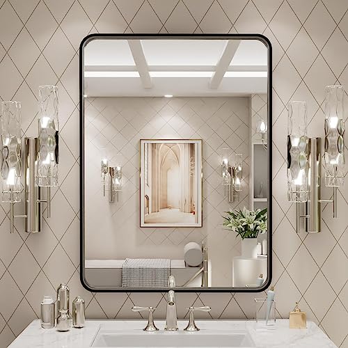 LOAAO 24X32 Inch Black Metal Framed Bathroom Mirror for Wall, Matte Black Bathroom Vanity Mirror Farmhouse, Large Rounded Rectangle Mirror, Anti-Rust, Hangs Horizontally or Vertically