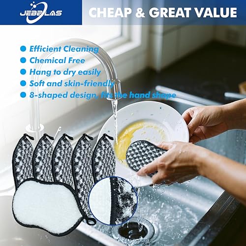 Image of JEBBLAS Dual-Sided Sponges Kitchen,Multi-Purpose Sponges,Microfiber Sponges,Reusable Dish Sponge for Dishes, Pots and Pans, 6 Pack, Black