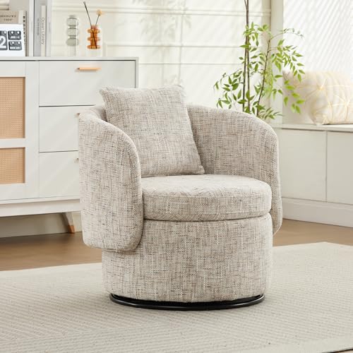 TIZZ Exclusiva silla giratoria de chenilla – Elegante sillón de club en forma redonda atemporal con cojines decorativos – Sillón moderno de relax – Tamaño marfil