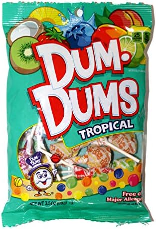 Dum-Dums (1) bag Tropical Assorted Flavors Lollipop Candy - Free of Major Allergens 3.5 oz