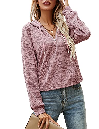 Kistore Women's Cropped Hoodies Long Sleeve Lightweight Pullover Tops Loose Sweatshirt with Pocket Pinks XXL