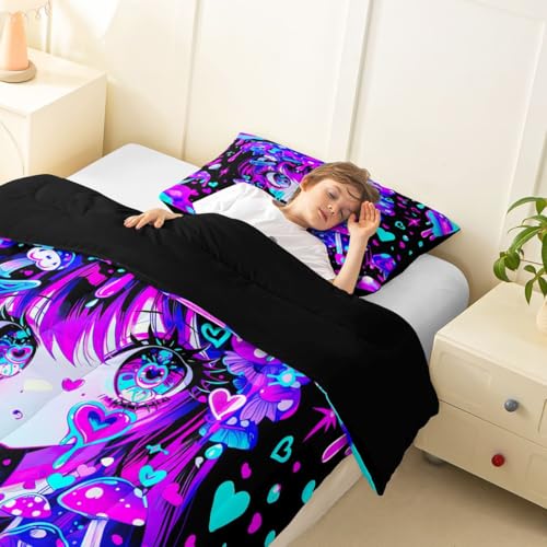 Image of Erosebridal Japanese Girl Bedding Twin,Cartoon Girly Comforter Set 3D Anime Gifts Bed Sets Colorful Graffiti Print Duvet Insert 2 Pieces