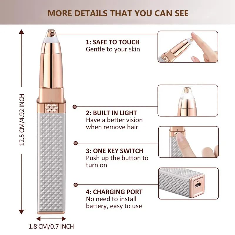 Image of Eyebrow Trimmer & Facial Hair Remover Pen for Women 2-in-1 Painless Razor for Eyebrows, Lips, Nose & Face with LED Light