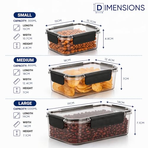 Image of GO STORE Airtight Container for Fridge Organizer | Set of 3 (S-300 ml | M-800 ml | L-1200 ml) Plastic Leakproof Storage Boxes Set Durable Odor Free, BPA Free for Vegetables, Kitchen (Black)