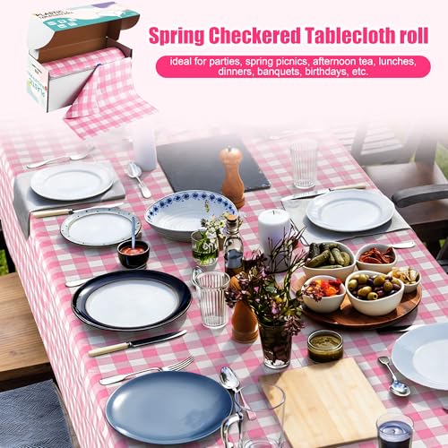 Image of Kochorie 54 Inch x 300 Ft Light Pink Checkered Plastic Table Cloth Roll Disposable Waterproof Table Cover Plastic Table Cover Roll with Easy Slide Cutter for Outdoor Picnic /Home Dining /Spring Party