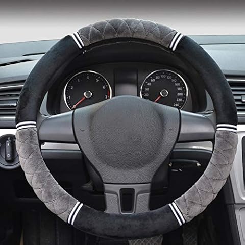 Proumhang Non-slip Steering Wheel Cover Short Plush Winter Warm Soft 38cm/15inch Black + Grey Cover