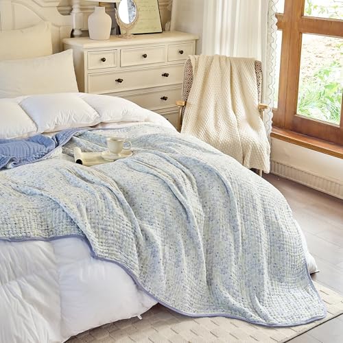 Image of 100% Cotton Muslin Throw Blanket 6-Layer Gauze Floral Pattern Blanket Lightweight Soft Breathable Quilt for All Season Both Sides for Couch Sofa Bed (Leaves Purple, Throw 50 inchx60 inch)