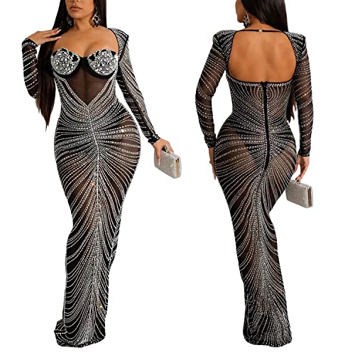 Image of PORRCEY Women's Sexy Hot Drilling Craft Rhinestone Long Sleeve Bodycon Party Club Night Out Dress(6023,Black,M)