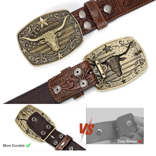 Image of SANSTHS Western Cowboy Belts for Men Women, Mens Western Belt Bull Buckle Country Belt Cowboy Leather Belt for Jeans