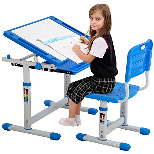 HCB Kids Desk, Student Desk, Childrens Desk and Chair Set Height Adjustable Study Table Ergonomic Design with Drawer Storage Tilt Desktop for Boys Girls (Blue)