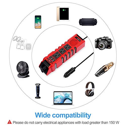 150W Car Power Inverter DC 12V to 110V AC Converter with 3 AC Outlets 2 Quick Charger 4.8A Dual USB Ports Cigarette Lighter Socket Charger Adapter