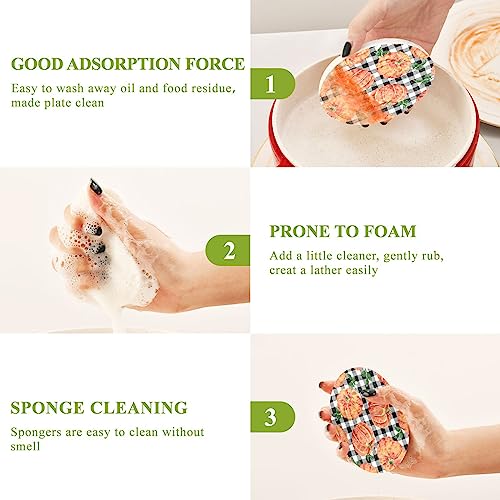 Image of Autumn Pumpkins Black White Gingham Kitchen Sponges Fall Maples Buffalo Plaid Cleaning Dish Sponges Non-Scratch Scrubber Sponge for Kitchen Bathroom Cars, pack of 3
