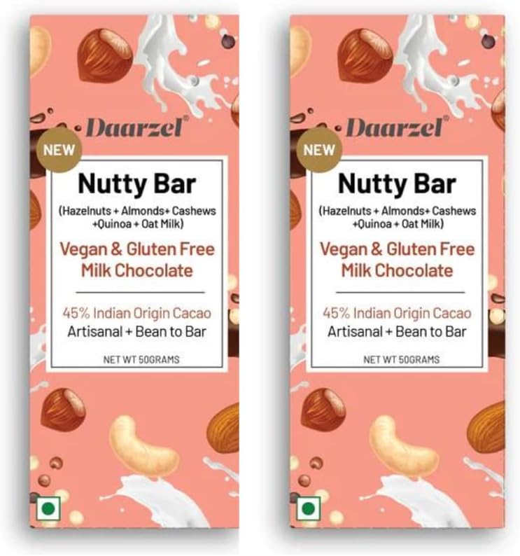 Daarzel Vegan Milk Chocolate Nutty Bar | 45% Cocoa | Hazelnut, Almond, Cashew, Quinoa & Oat Milk | Gluten Free | Pack of 2 | 50g each