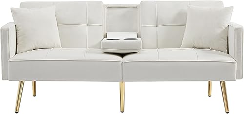 Miniatura 5 de Sofá cama futón moderno de tela de lino, sofá biplaza convertible con 2 portavasos y reposabrazos extraíbles para espacio de vida compacto,