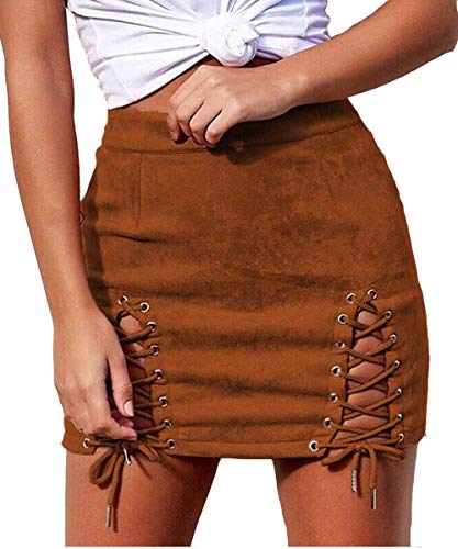 Women's Faux Suede mini Skirt Sexy Criss Cross Tight Bodycon High Waist Stretch Short Mini Skirt tan Small
