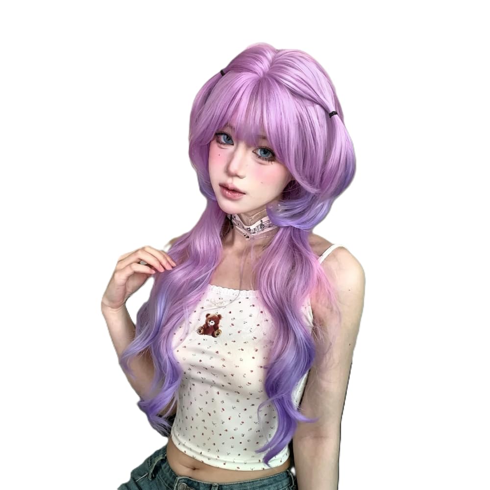 Haarpflege 28 Zoll Verträumter Stil Rosa Lila Farbverlauf Perücken Mit Pony Lange Natürliche Gewellte Haarperücke Für Frauen Cosplay Hitzebeständig